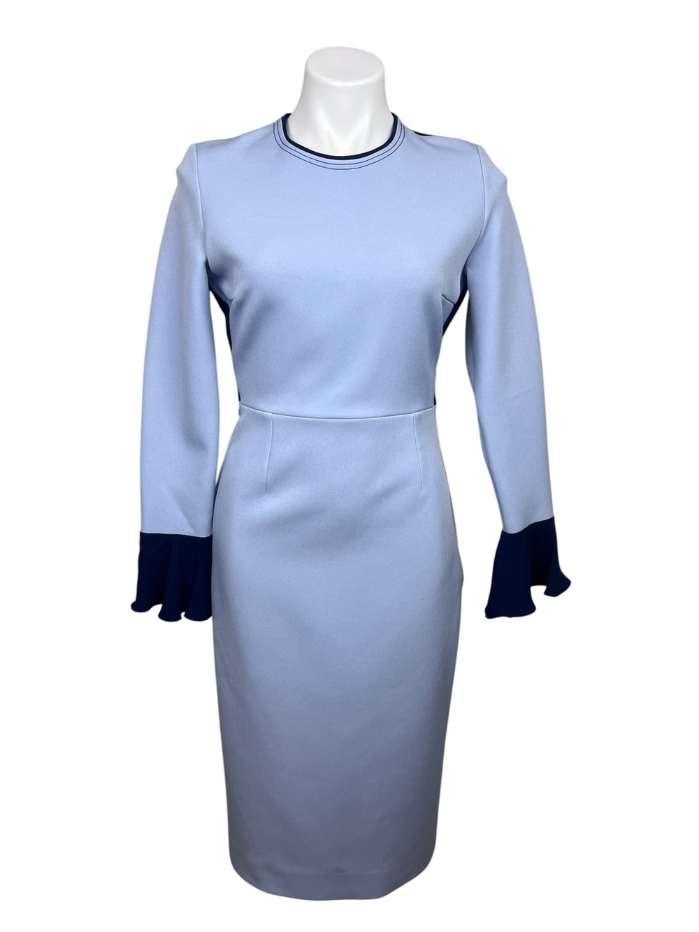 Roksanda Crew Neck Midi Dress Light Blue Long Sleeve Shift Ruffle Cuffs Altered